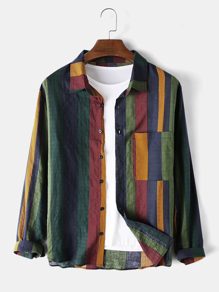 Explosions Men's Striped Shirt 2020 Men's Contrast Color Striped Cotton and Linen Belt Breathable Long Sleeve Shirt in stock