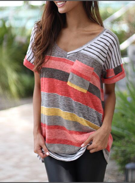  Summer Amazon AliExpress European and American Clothing Pocket Striped Bat Short Sleeve V Neck T-Shirt Top