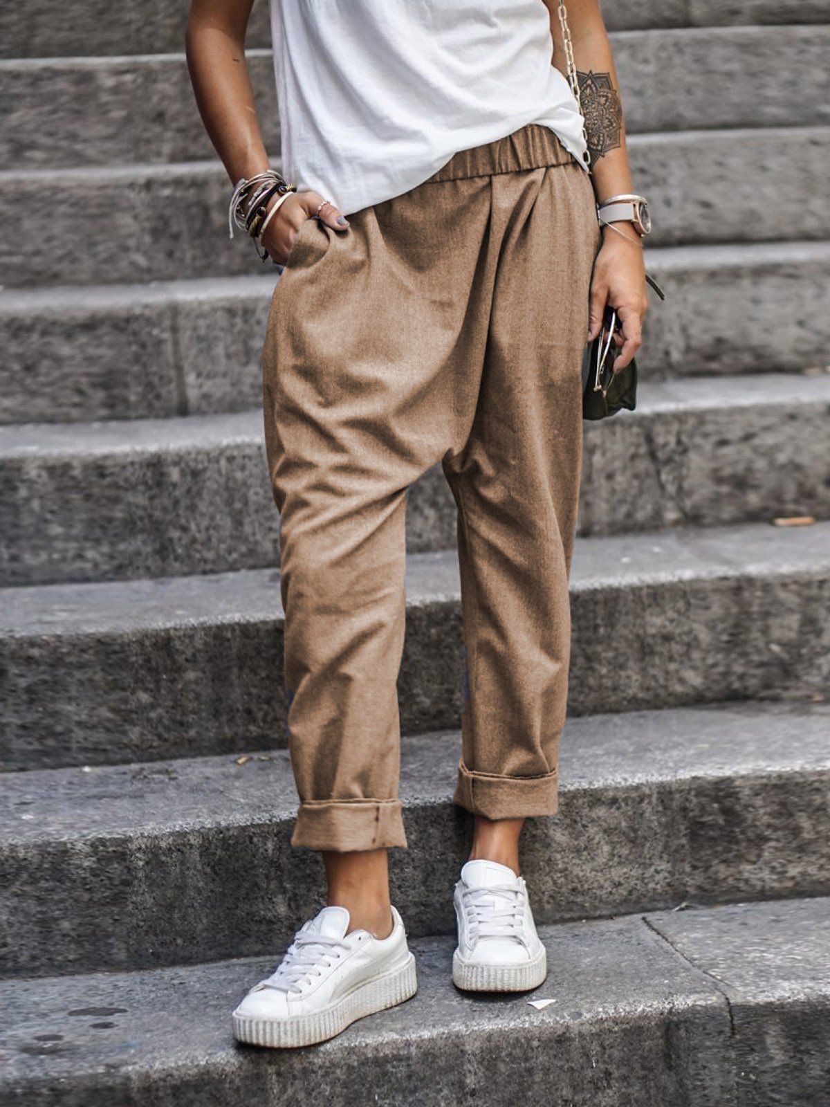 Cross-border supply AliExpress new hot solid color casual elastic high waist Harlan trousers factory direct sales