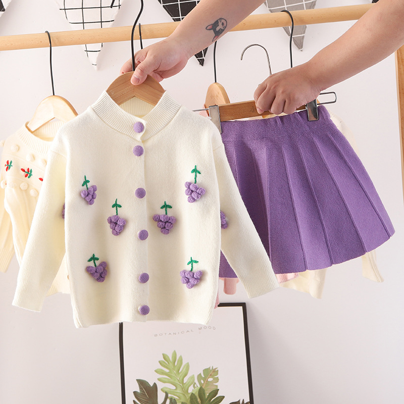 Children's knitted sweater dress 2022 New girls' fruit handmade flower two-piece dress baby fashion children's clothing top