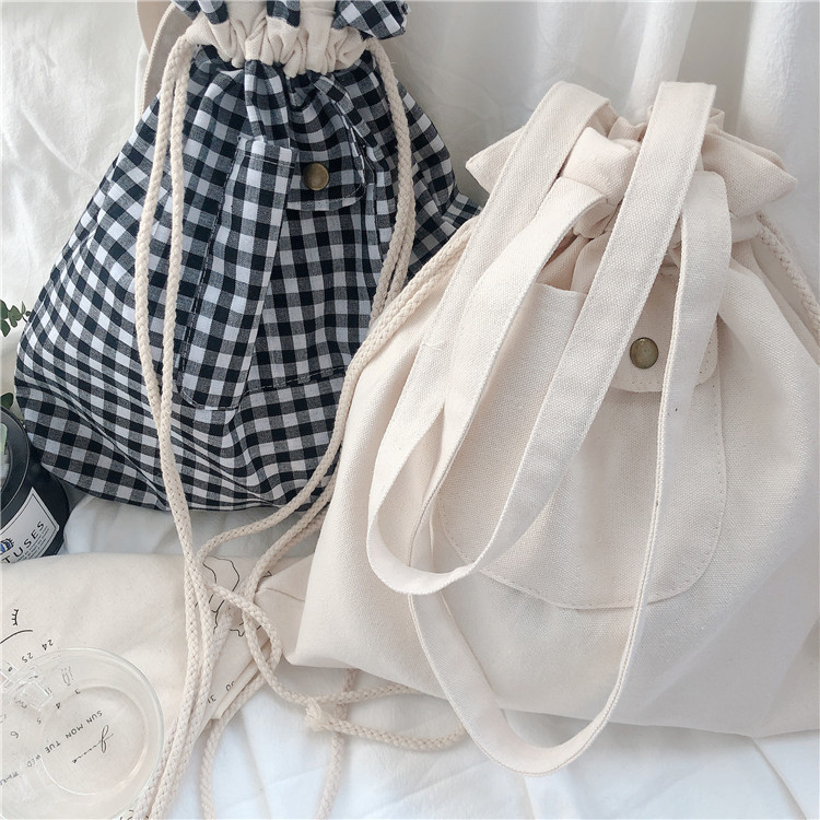 03172 Japanese ins canvas bag 2020 new portable drawstring shoulder bag artistic Plaid student bag wholesale