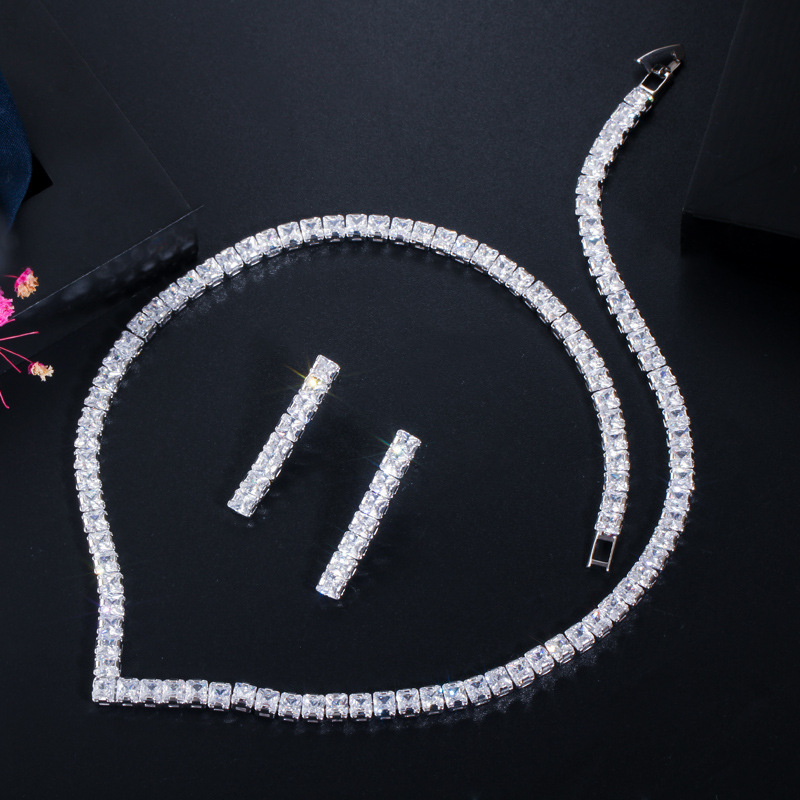 T0154 European and American Bestselling Small Square Diamond Set Necklace Earrings Two-Piece High-End Evening Dress Accessories for Women