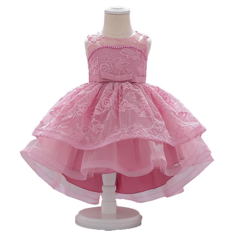 New One Year Old Dress Mesh Embroidered Princess Dress Bow Beaded Cake Dress Tuxedo Sleeveless Photography Dress