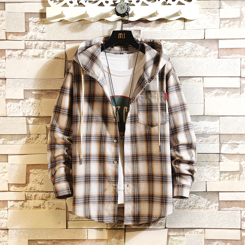Japanese 2023 New Men's Loose Plaid Long-sleeved Hooded Shirt Large Size Fashionable Casual Shirt Jacket