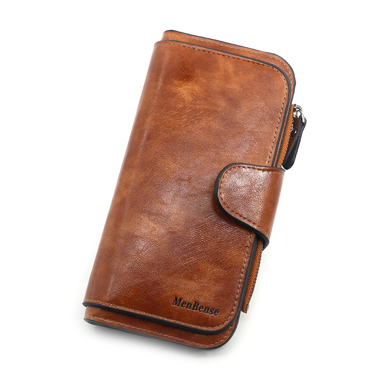 Stilvolle lange Geldbörse für Damen, einfaches Ölwachsleder, einfarbig, Münzgeldbörse, Clutch für Damen_voghion.com