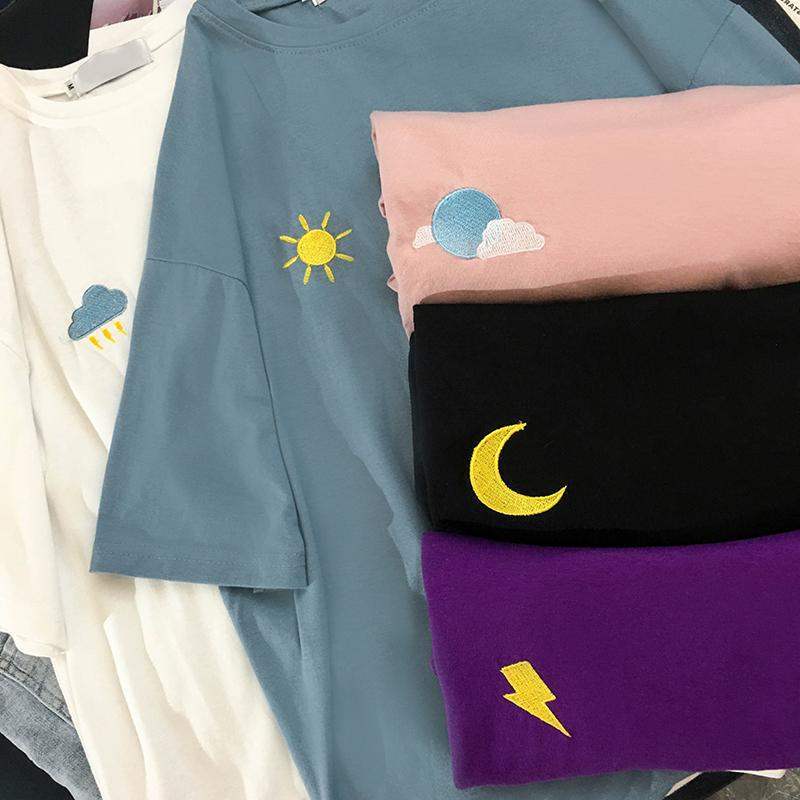 Antique Girl Loose Cartoon Embroidery Girl's Short-sleeved T-shirt Women's 2021 Weather ins Fashion European Goods Large Edition
