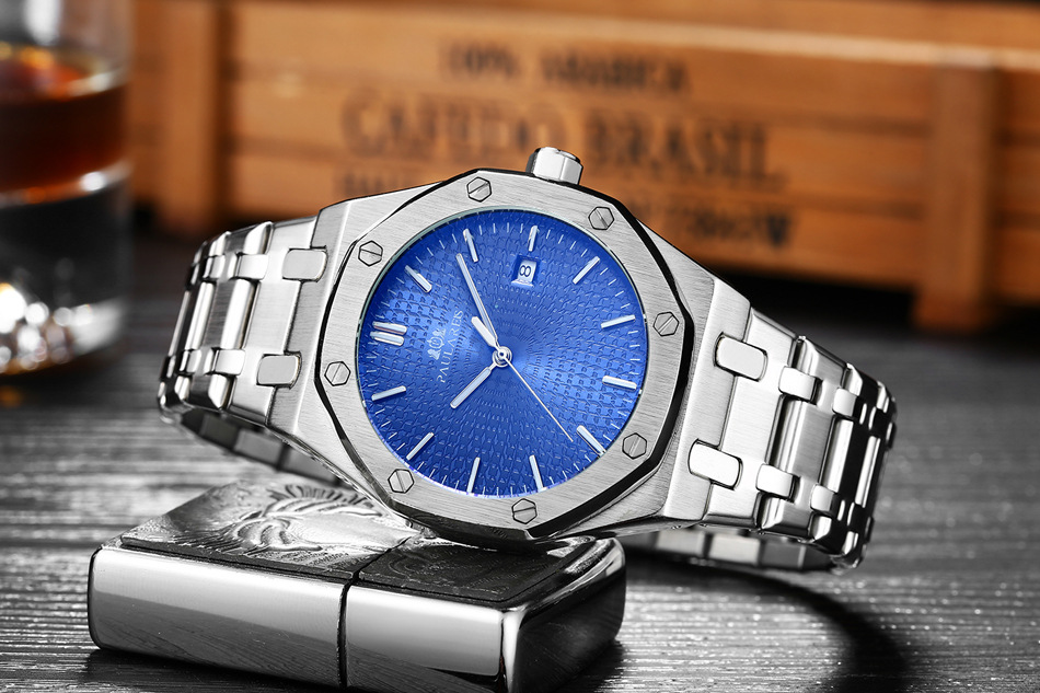 Automatische mechanische Eiche Stahlband Kalender leuchtende Herrenuhr AUTOMATISCHE UHR_voghion.com