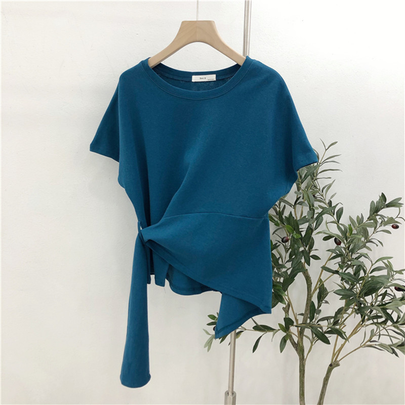 Short-sleeved T-shirt Women's Summer 2020 New Korean-style Solid Color Censored Design Sense Cross Irregular Western Style Top