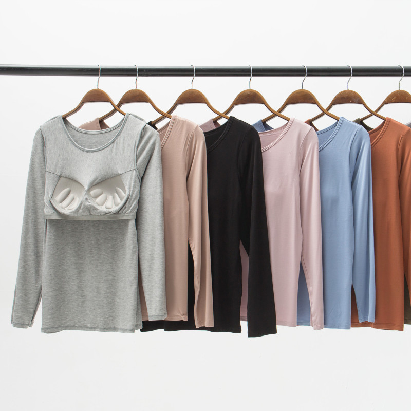 胸パッド付き丸首長袖tシャツモーダル女性無料ブラジャーカップ一体スチールリングなしパジャマ下着シャツ|undefined