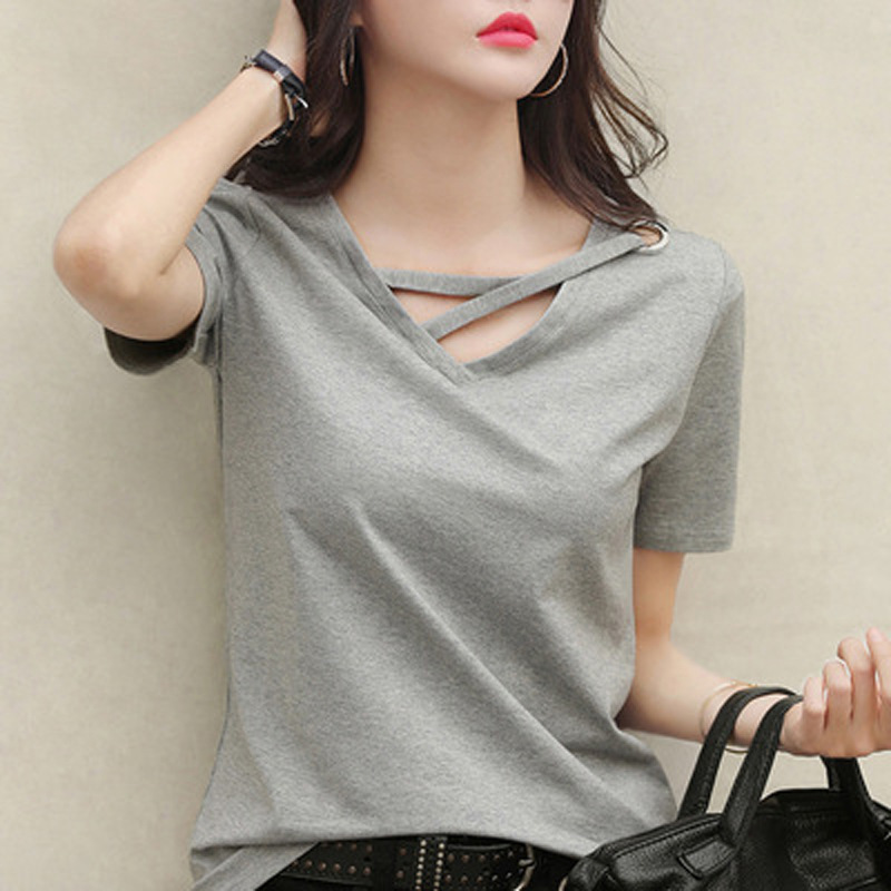 Short-sleeved Women's 2022 New Summer White T-shirt Women's V-neck Loose Korean-style Black Top Casual ins T-shirt Trendy
