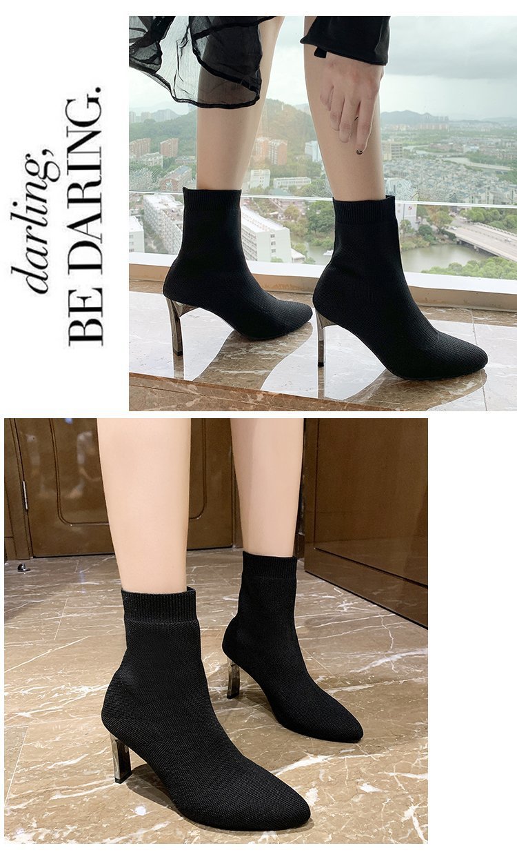 Špicaté ponožky Čižmy Dámske hrubé podpätky 2023 Jarná novinka Vysoké podpätky strečové čižmy s plochým podpätkom Vlnené čižmy Móda Krátke čižmy_voghion.com