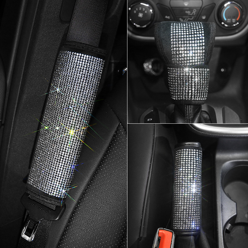 Car Diamond handbrake partner seat belt shoulder pad headrest lumbar pillow rearview mirror cover anti-collision anti-kick pad threshold bar