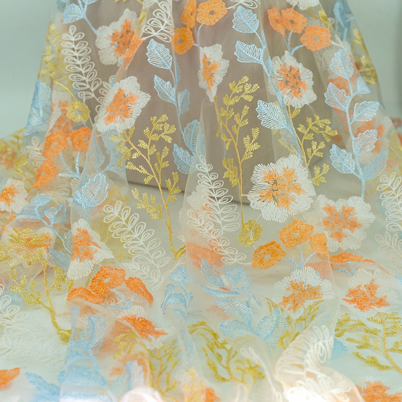Mesh Fabric Blue Milk Silk Embroidered Cloth Wedding Dress Cheongsam Clothing Fabric Handmade diy Cloth