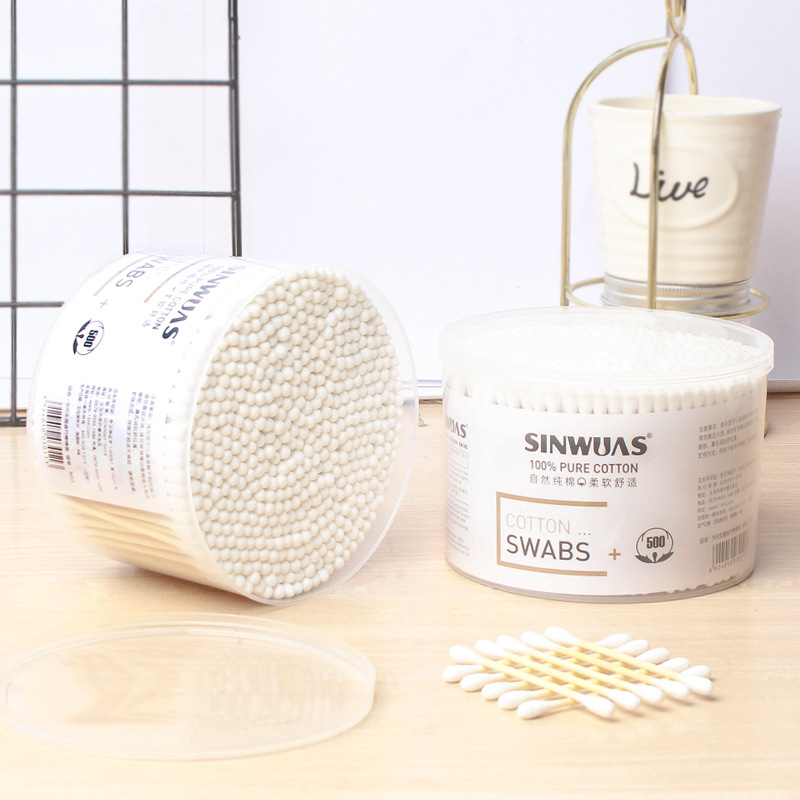 Big Bucket Family Pack 500 Cotton Swabs Round Box Disposable Cotton Swabs Double Head Cotton Stick Picked Ear Picked Ear Cosmetic Cotton