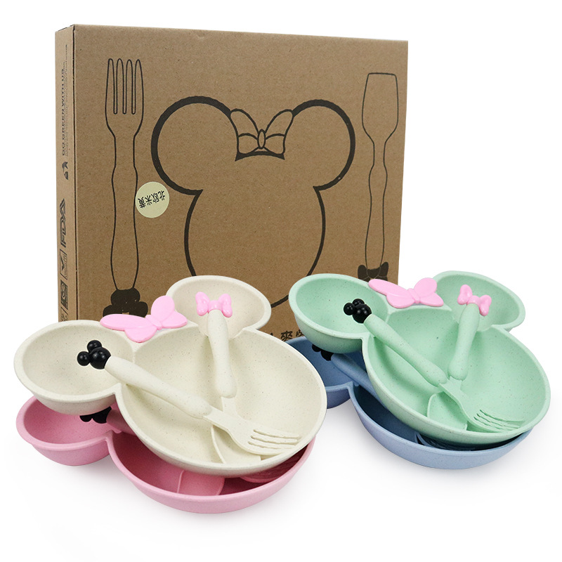 Kindergarten Gift Set Children's Bowl and Dish Three-piece Children's Dinner Plate Wheat Straw Tableware Split Dinner Plate Cross-Border