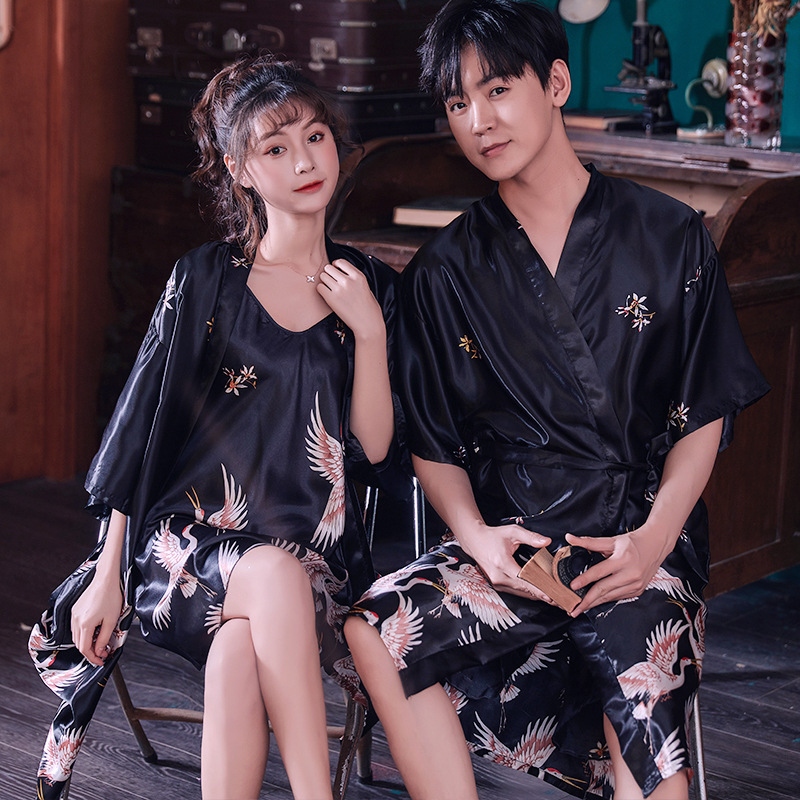 2020 New Women's Pajamas Spring and Autumn Silk Printing Pajamas Set Crane Sexy Morning Gown