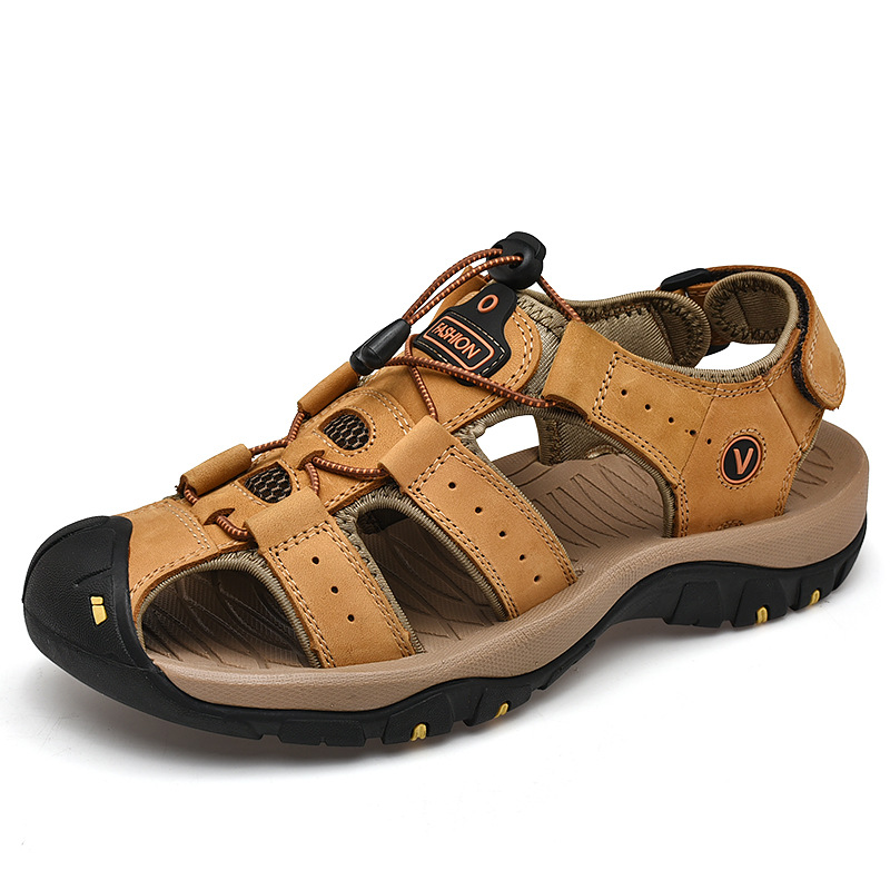 7239 summer men's shoes outdoor beach shoes large size cross-border sandals covered toe Velcro leather top layer cowhide surface tide