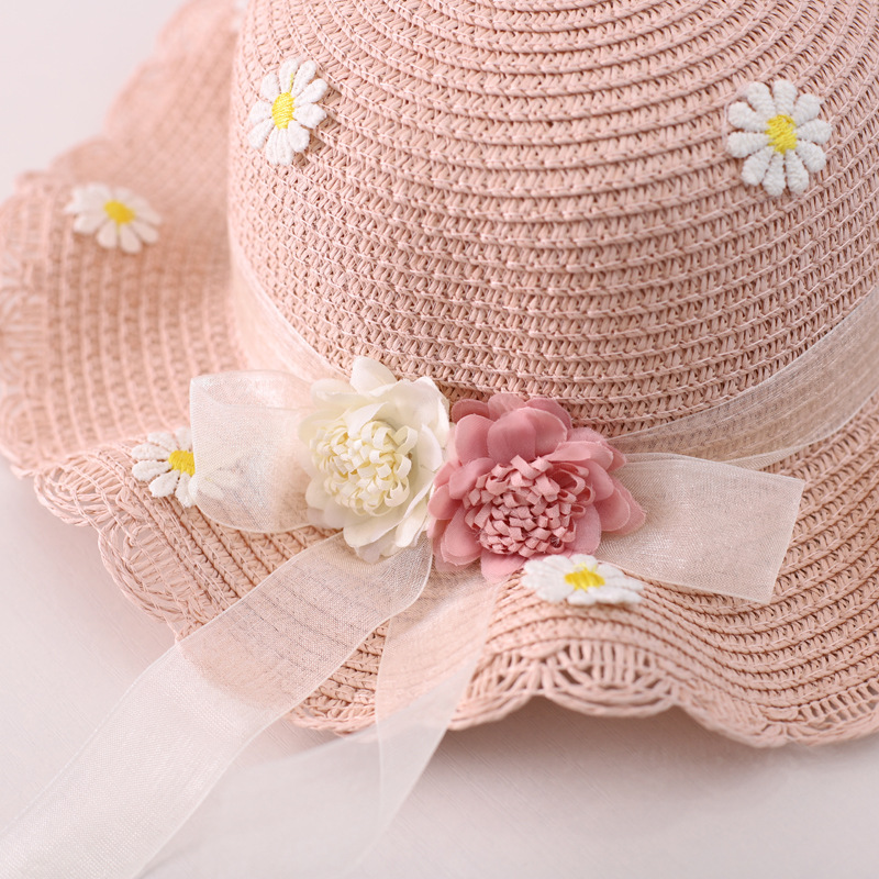 Chapeau de paille pour fille, chapeau d'été en ruban de paille, chapeau pare-soleil à fleurs, chapeau de pêcheur, ensemble de sacs de protection solaire parent-enfant_voghion.com