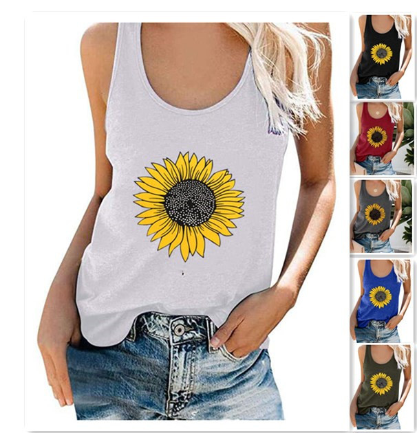 2021 Summer Cross-border Amazon Explosions Women's Top Sunflower Printed Sleeveless Vest Round Neck Women's T-Shirt