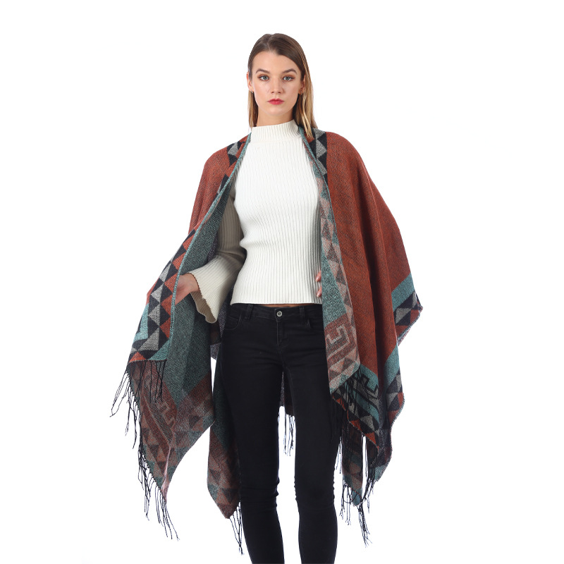 European and American Ethnic Style Triangle Tassel Lengthened Shawl Outer Decoration Women's Office and Home Dual-Use Cloak