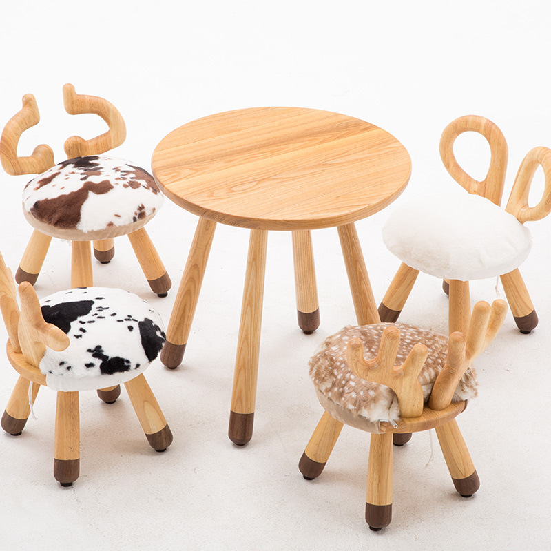 Children's Solid Wood Learning Table and Chair Set Creative Animal Kindergarten Backrest Chair Small Bench Baby Game Table