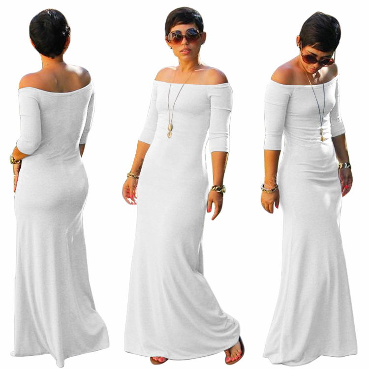 2020 new ebay women's clothing European and American off-the-shoulder three-quarter sleeve high waist long dress gray dress