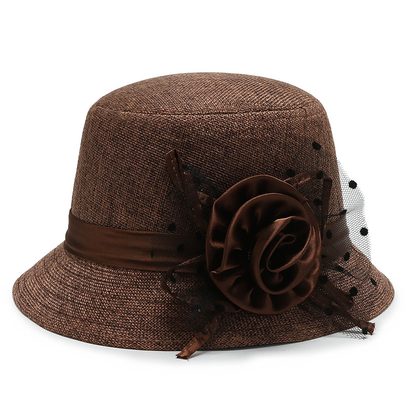 New Foreign Trade Women's Hat Middle-aged and Elderly Women's Hemp Basin Hat Socialite Style Large Flower Basin Hat Hemp Material Fashion Korean Style Top Hat