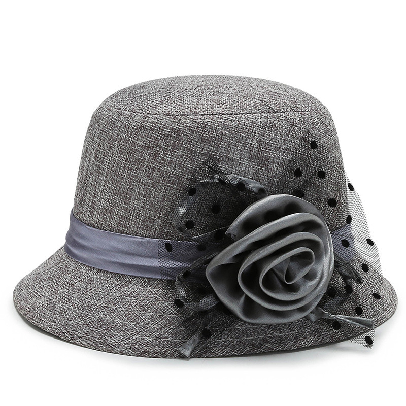 New Foreign Trade Women's Hat Middle-aged and Elderly Women's Hemp Basin Hat Socialite Style Large Flower Basin Hat Hemp Material Fashion Korean Style Top Hat