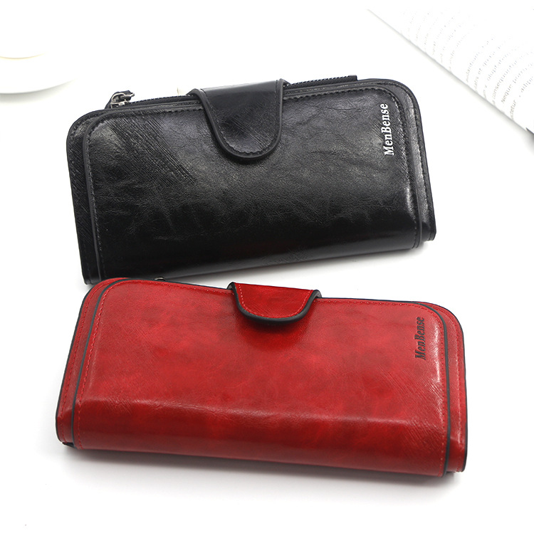 Stilvolle lange Geldbörse für Damen, einfaches Ölwachsleder, einfarbig, Münzgeldbörse, Clutch für Damen_voghion.com