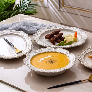 French Vintage Embossed Palace Style Ceramic Tableware Western Plate Soup Plate Fruit Salad Bowl Coffee Cup Saucer Mug