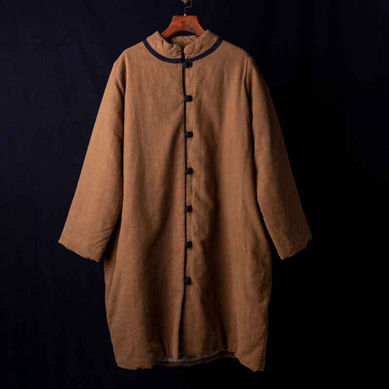 2023 Winter Neue Vintage Chinesischen Stil Vertikale Kragen Chinesischen Stil Kontrast Farbe Platte Schnalle Mittellange Baumwolle gefütterte Jacke Leinen Lose Baumwolle-pad_voghion.com