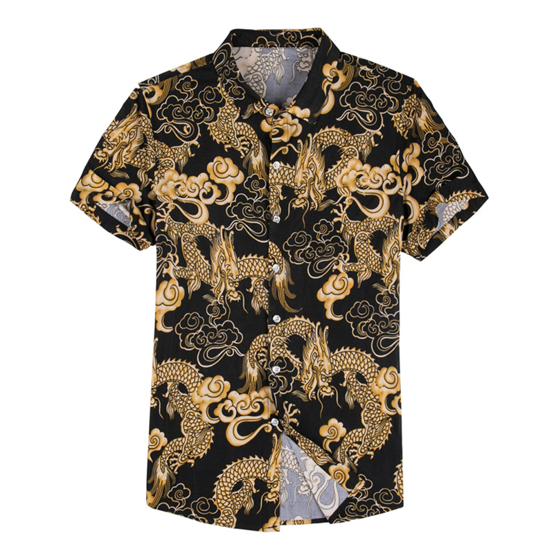 Summer Dragon Print Men's Shirt Short-sleeved Middle-aged Dad Grandpa Retro Shirt Thin Casual Men's Foreign Trade