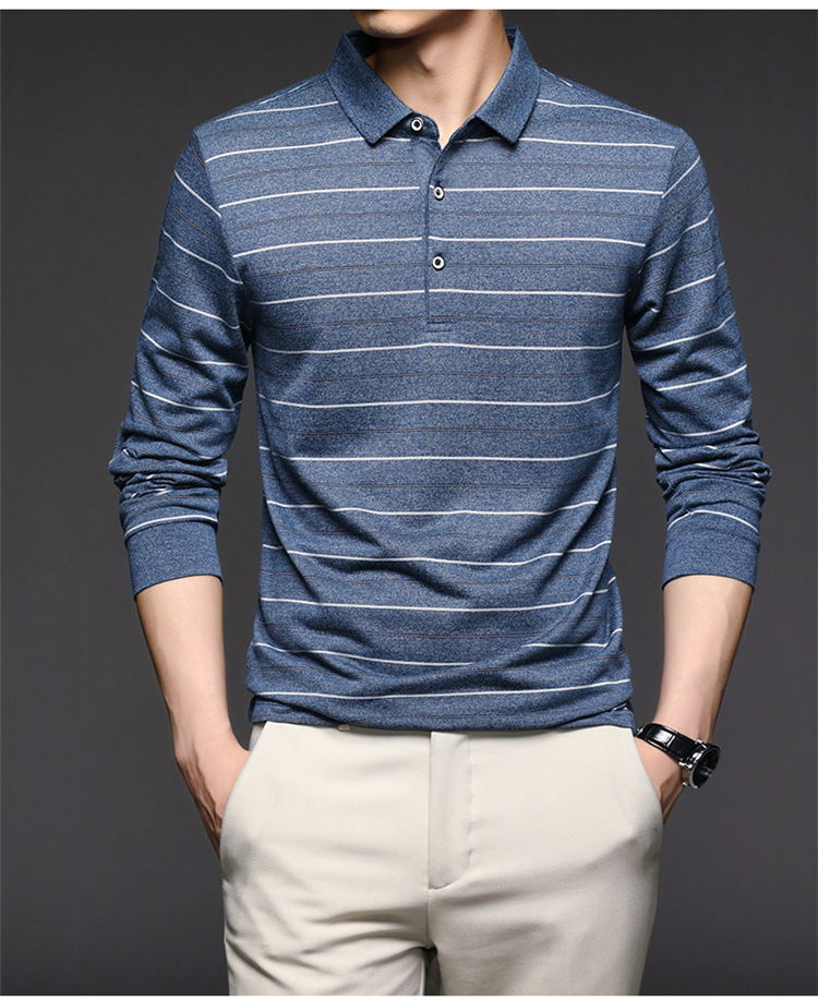 2021 Spring and Autumn Middle-aged Long-sleeved T-shirt Men's Polo Shirt Lapel Striped Casual Dad Base Shirt Korean Style