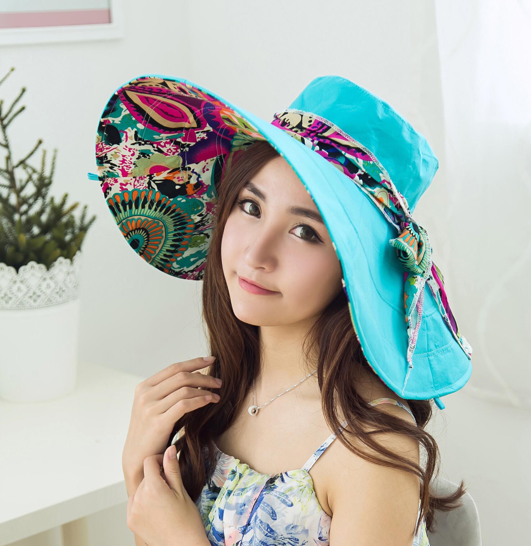 Hat Women's Summer Outdoor Sunscreen Big Rim Hat Bow Ribbon Foldable Double-Sided Beach Sun Hat