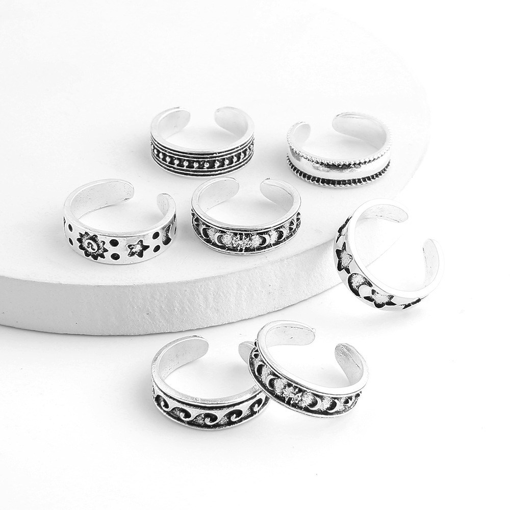 European and American foreign trade jewelry AliExpress new carved hollow multi-element 7-piece open foot ring set foot accessories