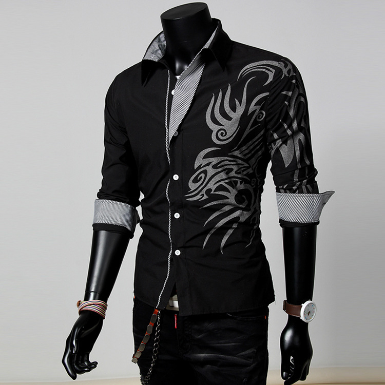 2022 spring new casual men's shirt Chinese style dragon pattern men's slim-fit printed long-sleeved shirt trendy C03