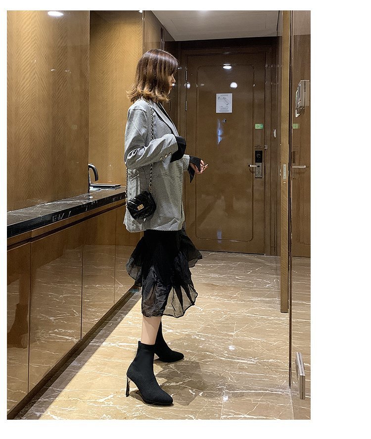 Špicaté ponožky Čižmy Dámske hrubé podpätky 2023 Jarná novinka Vysoké podpätky strečové čižmy s plochým podpätkom Vlnené čižmy Móda Krátke čižmy_voghion.com