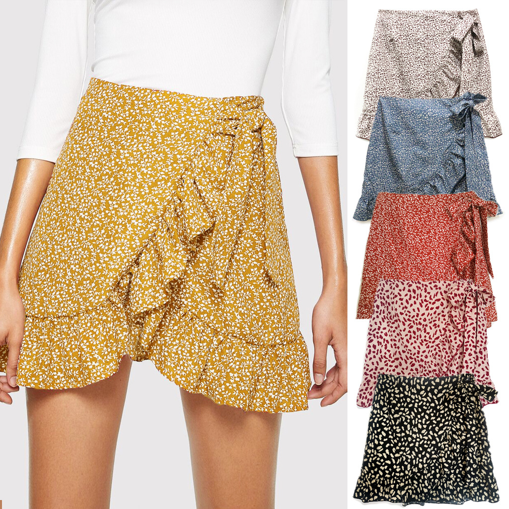 2021 Amazon Cross-border Women's High Waist Lace-up Skirt European and American Ruffled Irregular Printed Zipper Skirt
