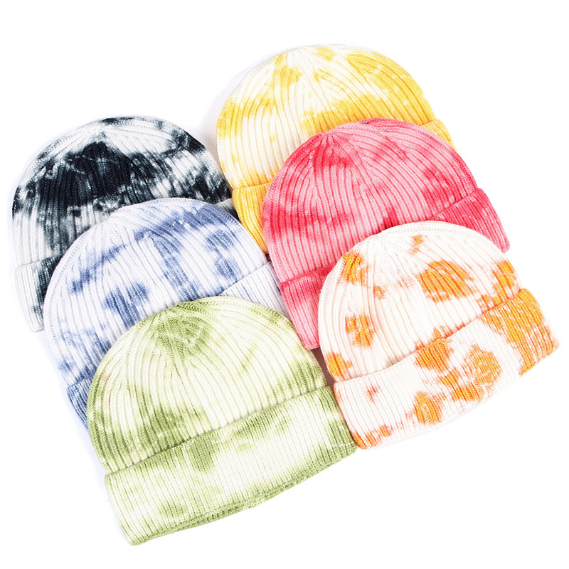 Foreign Trade Autumn and Winter New Tie-dye Printed Knitted Hat Short Cold Hat Women's Melon Skin Wool Hat Korean Style Hip-hop Trendy