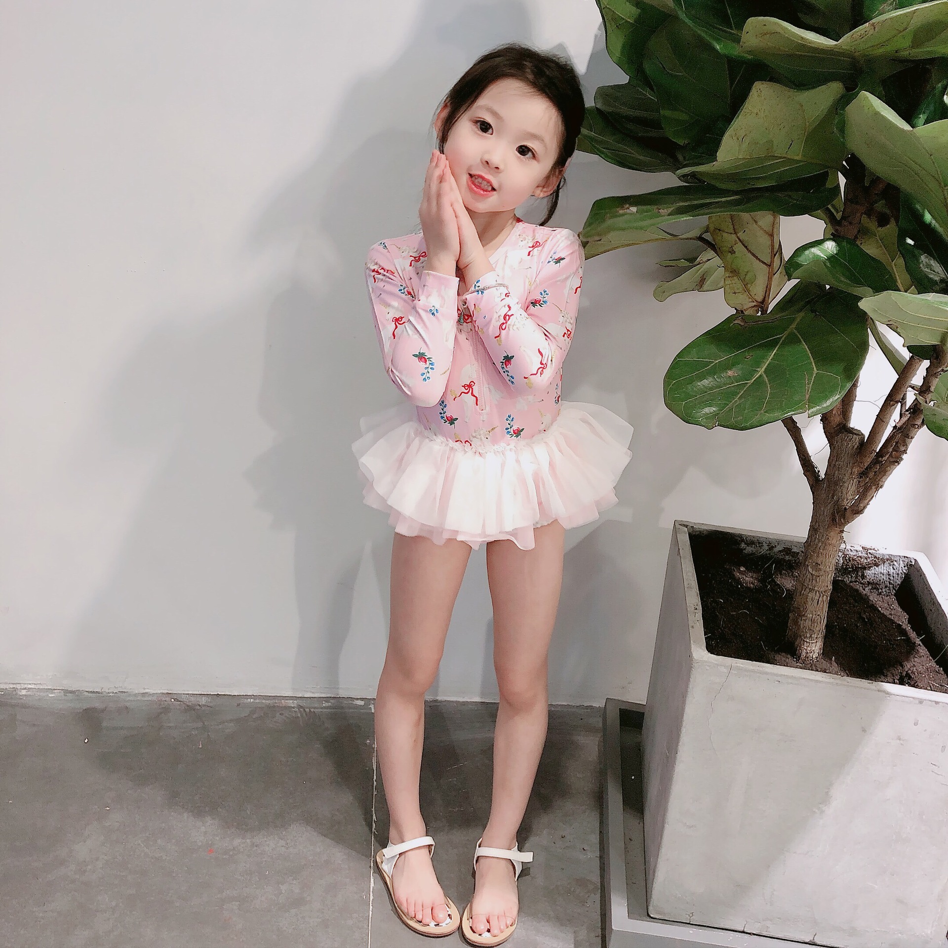 2022 new children's swimsuit female Unicorn cat long sleeve one-piece gauze skirt swimsuit a generation of hair