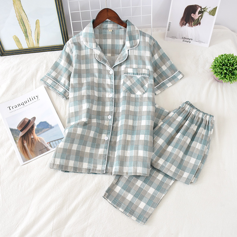 Spring Summer Autumn Men's and Women's Double Gauze Home Clothes Couple's Japanese Style Cotton Pajamas Short-sleeved Trousers Casual Suit_voghion.com
