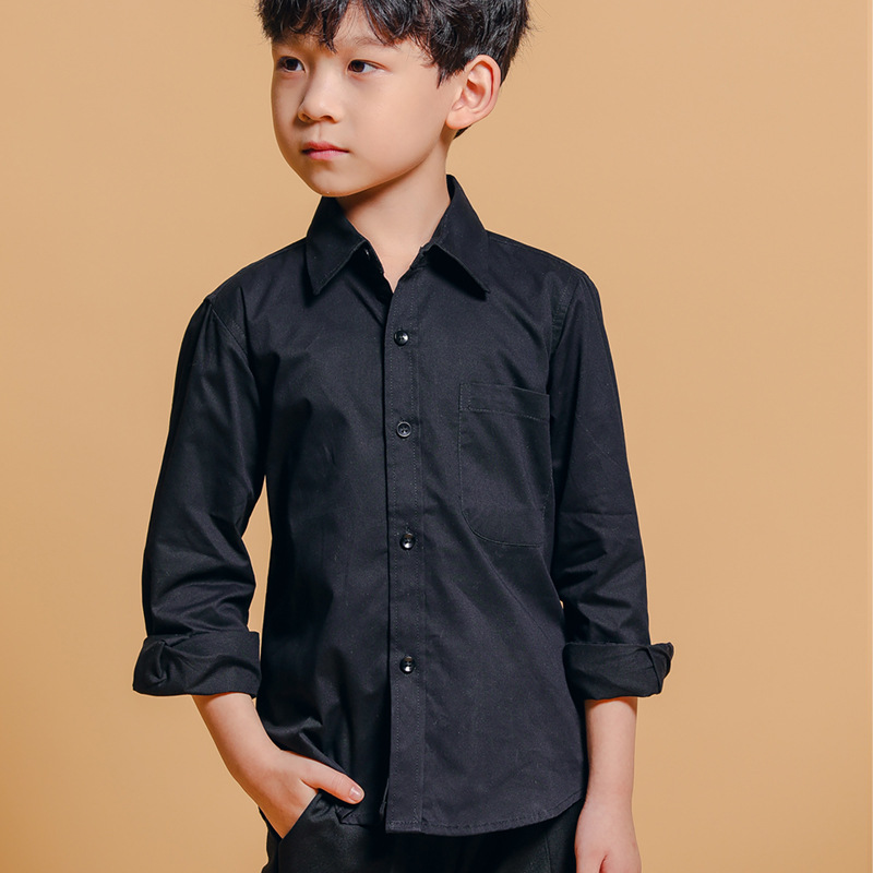 Boys' Black Shirt Cotton Long Sleeve Spring and Autumn New Children's Middle and Big Children's White Shirt Boys' Dress Top
