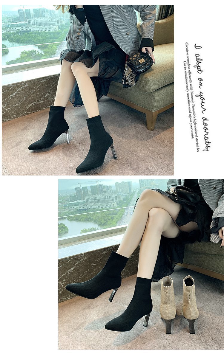 Špicaté ponožky Čižmy Dámske hrubé podpätky 2023 Jarná novinka Vysoké podpätky strečové čižmy s plochým podpätkom Vlnené čižmy Móda Krátke čižmy_voghion.com