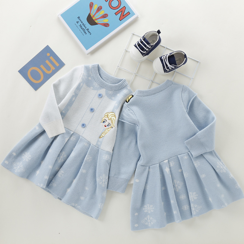 Fleece-lined Thickened Girls Autumn and Winter Elsa Fleece-lined Dress Fake Two-piece Elsa Ice Princess Children's Dress