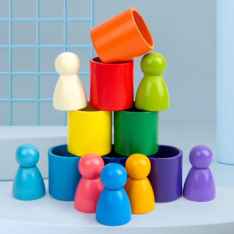 Wholesale Wooden Assembled Rainbow House Little Man Set Barrel Building Block Combination Children's Early Education Stacking Toys Cross Border
