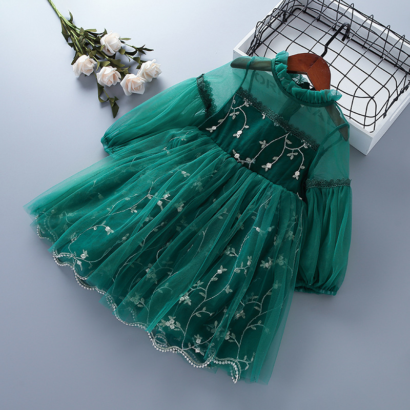 Spring and autumn new children's skirt lace mesh embroidery bubble sleeve long sleeve girls dress Korean version of a generation of hair