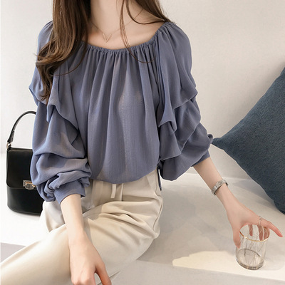 Spring and Summer New Korean Style Open Shoulder Loose Chiffon Shirt with One Character Collar Mastery Design Sense Long Sleeve Top Shirt Women's Clothing