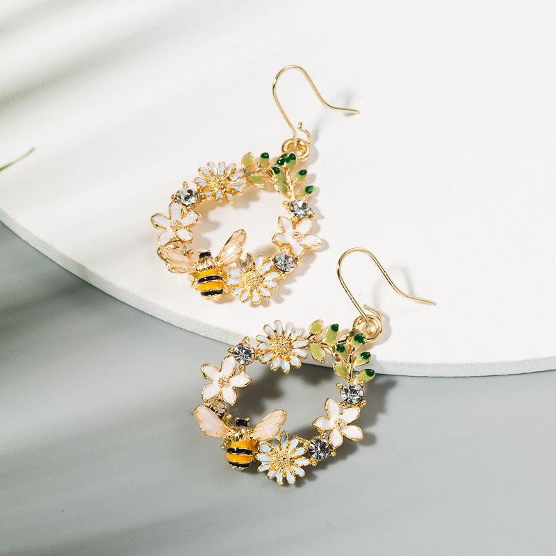 Europe and the United States cross-border creative flowers drop oil alloy earrings female S925 silver needle diamond color butterfly bee ear jewelry