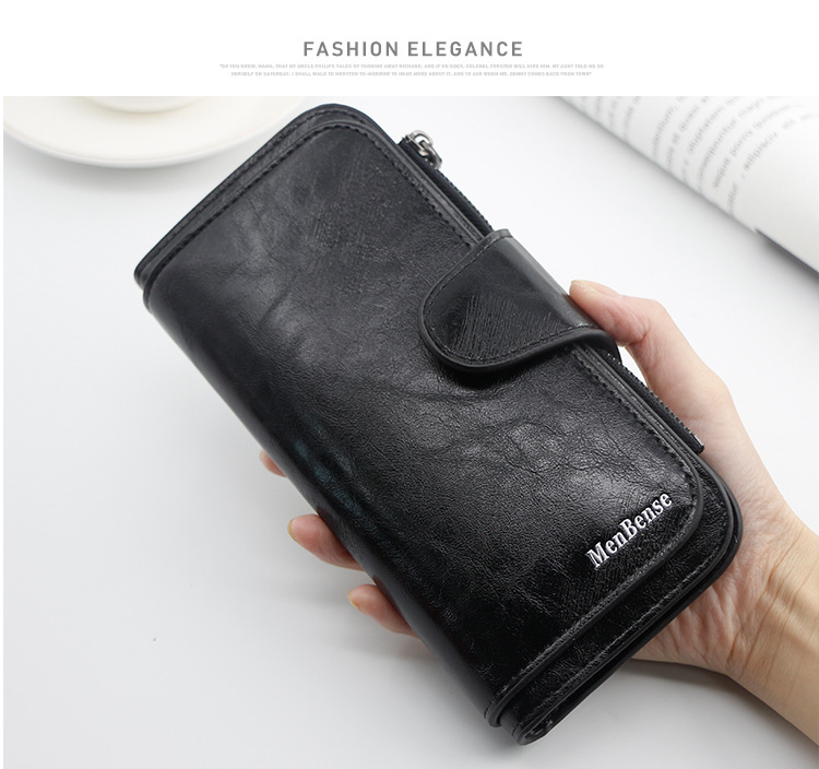 Stilvolle lange Geldbörse für Damen, einfaches Ölwachsleder, einfarbig, Münzgeldbörse, Clutch für Damen_voghion.com