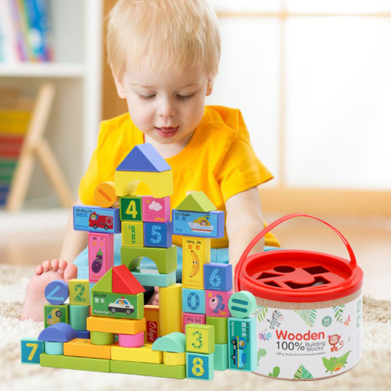 Factory Direct children's wooden toy building blocks 50 pieces large barrel transportation fruit cognitive early education educational wooden blocks